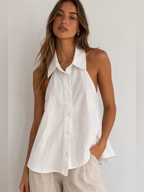 ZARA White Collared Halter Top Tie-Back Blouse XS NWT